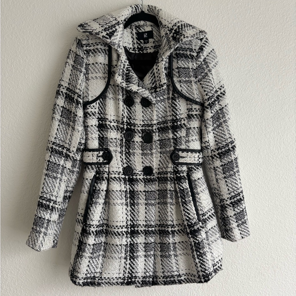 iZ Byer Double Breasted Tweed Woven Pea Coat